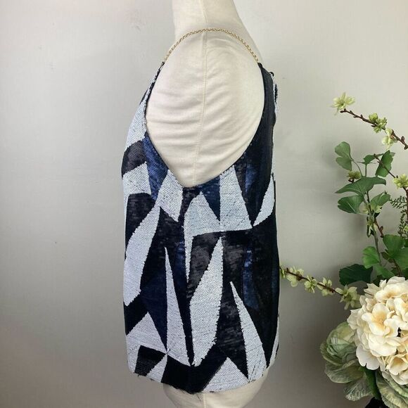 H&M top | Sequin Blouse | Geometric | Chain Strap | size small | blue black whit - Picture 4 of 8